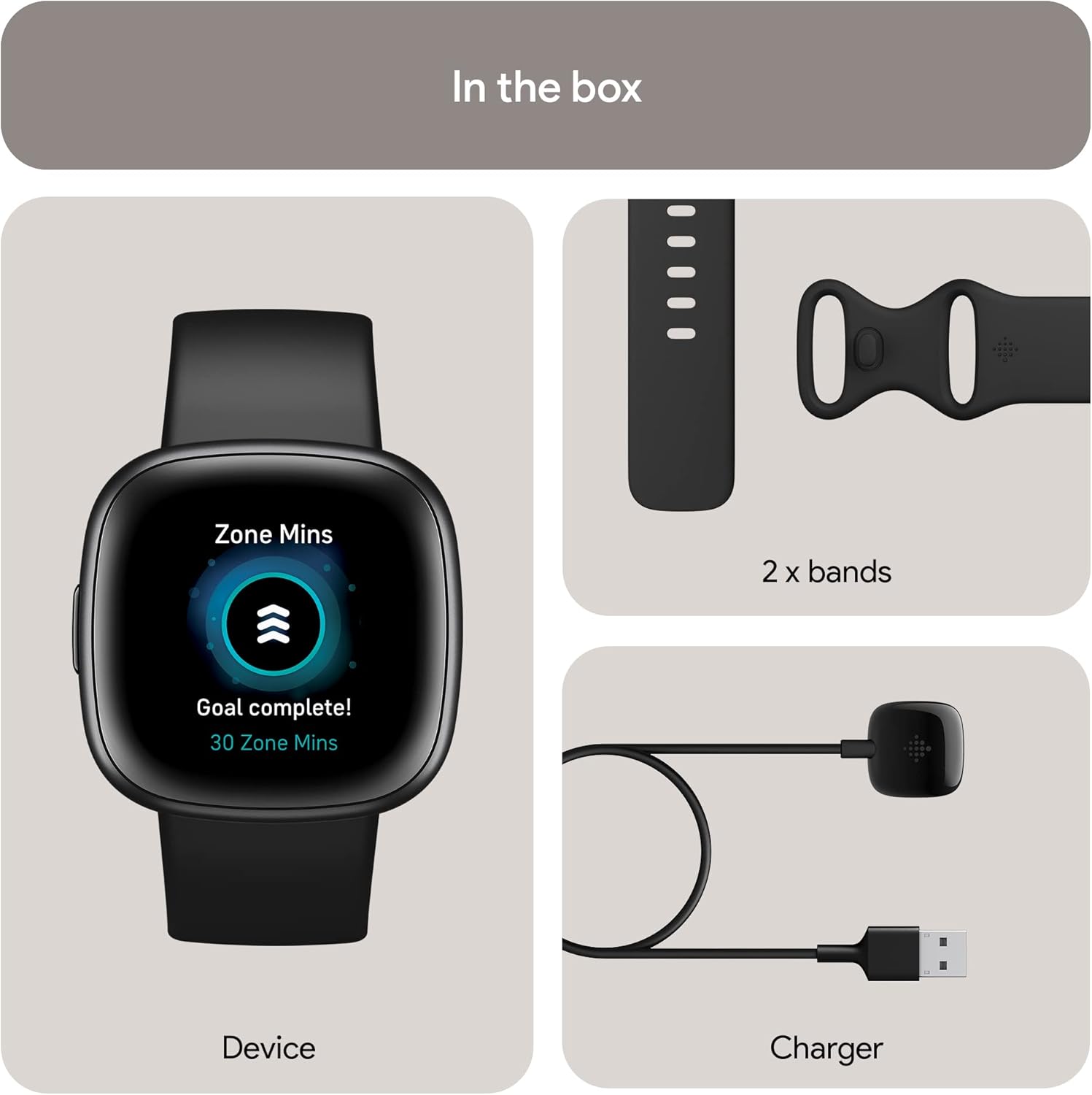 What's in the Box: Device, 2 bands, Charger