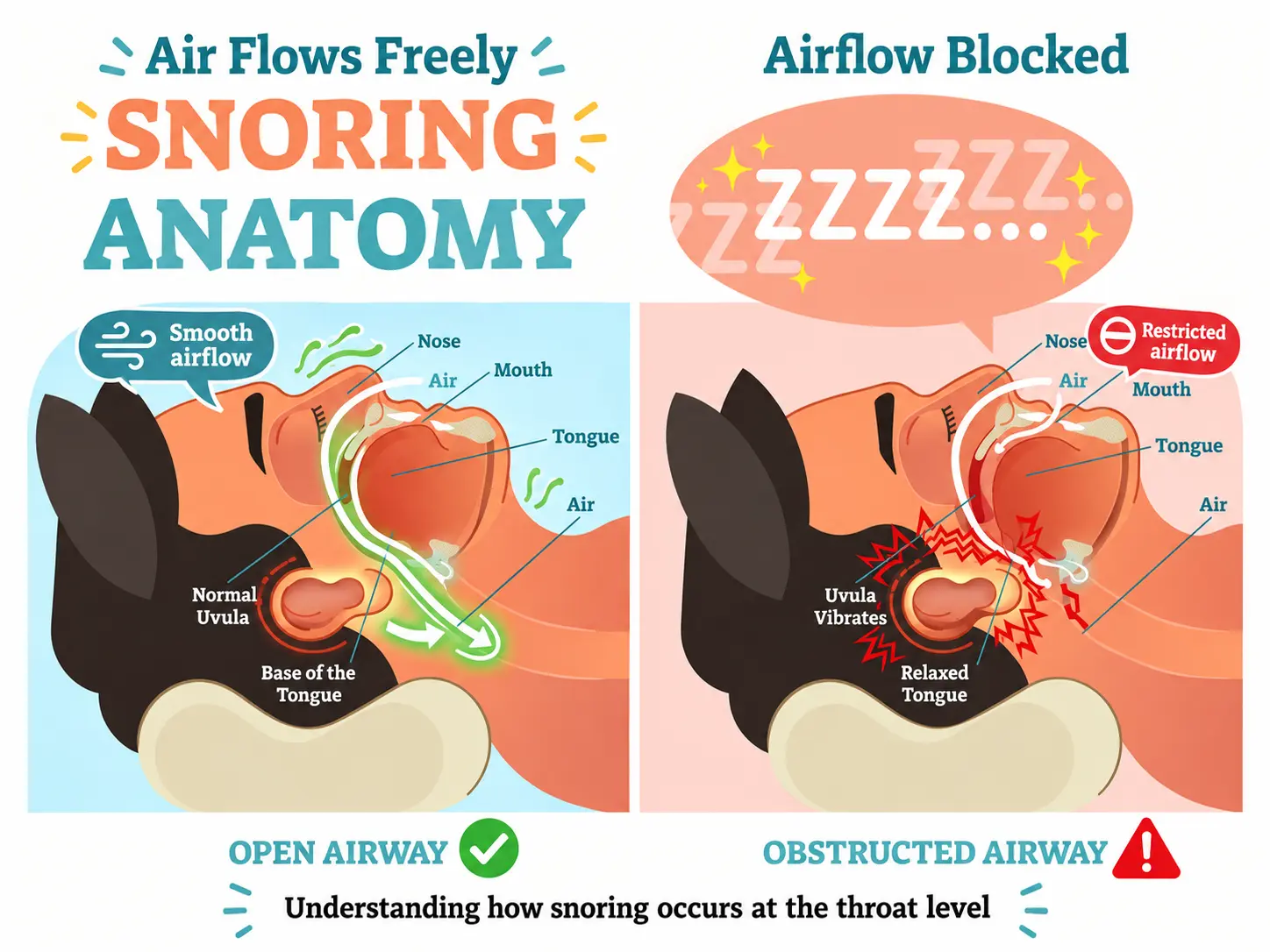 Illustration of the snoring problem showing narrowed airway tissues that cause heavy snoring and sleep deprivation